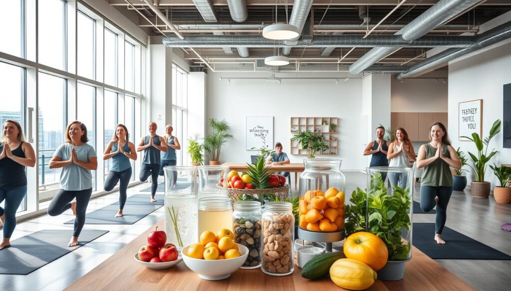 A bright, airy office space with floor-to-ceiling windows, natural light streaming in. In the foreground, a group of smiling employees engaging in a yoga session, their faces serene and bodies in various relaxing poses. In the middle ground, a table brimming with fresh fruits, healthy snacks, and infused water pitchers, signifying the available wellness amenities. The background features a modern, minimalist décor with potted plants and motivational wall art, creating a calming, rejuvenating atmosphere. Captured with a wide-angle lens to showcase the spacious, open-concept design that promotes wellbeing and work-life balance. A bright, airy office space with floor-to-ceiling windows, natural light streaming in. In the foreground, a group of smiling employees engaging in a yoga session, their faces serene and bodies in various relaxing poses. In the middle ground, a table brimming with fresh fruits, healthy snacks, and infused water pitchers, signifying the available wellness amenities. The background features a modern, minimalist décor with potted plants and motivational wall art, creating a calming, rejuvenating atmosphere. Captured with a wide-angle lens to showcase the spacious, open-concept design that promotes wellbeing and work-life balance.