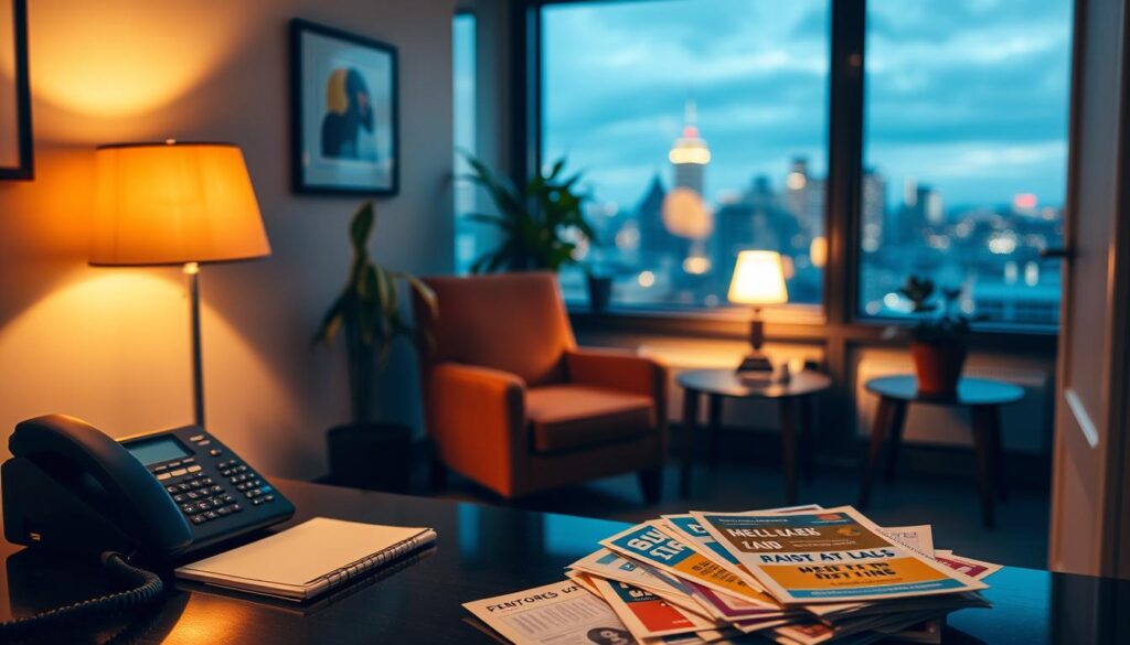 A dimly lit office interior, warm incandescent lighting casting a comforting glow. In the foreground, a desk with a telephone, notepad, and a cluster of brightly colored pamphlets and brochures, representing various mental health hotlines and support organizations. The middle ground features a cozy armchair and a side table with a potted plant, creating a welcoming atmosphere. The background depicts a large window overlooking a city skyline, hinting at the connection between the individual and the wider community. The overall scene conveys a sense of professionalism, empathy, and accessibility, reflecting the importance of mental health resources and the availability of external help. A dimly lit office interior, warm incandescent lighting casting a comforting glow. In the foreground, a desk with a telephone, notepad, and a cluster of brightly colored pamphlets and brochures, representing various mental health hotlines and support organizations. The middle ground features a cozy armchair and a side table with a potted plant, creating a welcoming atmosphere. The background depicts a large window overlooking a city skyline, hinting at the connection between the individual and the wider community. The overall scene conveys a sense of professionalism, empathy, and accessibility, reflecting the importance of mental health resources and the availability of external help.