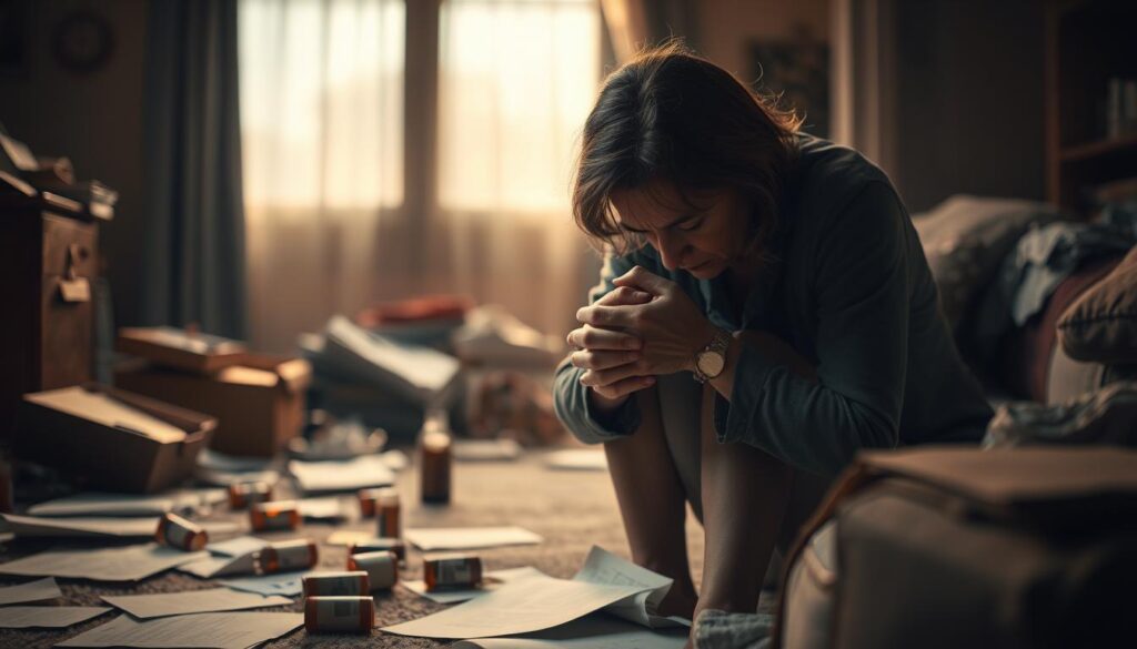A dimly lit room, the air heavy with the weight of responsibility. In the foreground, a weary caregiver sits hunched over, their hands clasped tightly as they grapple with the emotional and practical challenges of their role. The middle ground reveals a cluttered space, with scattered papers, half-empty medication bottles, and a sense of overwhelming tasks. The background is hazy, suggesting a sense of isolation and the need for support. Soft, warm lighting casts a melancholic glow, emphasizing the caregiver's inner turmoil and the sense of being overwhelmed. The scene evokes a profound feeling of the strain and sacrifice inherent in the act of caregiving, a stark reminder of the need for a supportive network to share the load.