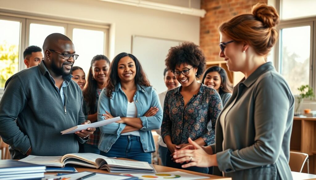 A diverse group of individuals engaged in a collaborative teaching environment, showcasing skill growth through mentorship and learning. In the foreground, a confident woman in professional attire guides a smaller group of attentive learners, their expressions filled with curiosity and enthusiasm. In the middle ground, various interactive learning materials like books, charts, and digital devices are scattered, emphasizing active engagement. The background features a bright, welcoming classroom with large windows allowing warm, natural light to flood the space, creating an uplifting atmosphere. The angle captures the dynamics of the group from a slightly elevated perspective, highlighting the connection between the teacher and students. Overall, the mood conveys inspiration, encouragement, and the joy of shared knowledge. A diverse group of individuals engaged in a collaborative teaching environment, showcasing skill growth through mentorship and learning. In the foreground, a confident woman in professional attire guides a smaller group of attentive learners, their expressions filled with curiosity and enthusiasm. In the middle ground, various interactive learning materials like books, charts, and digital devices are scattered, emphasizing active engagement. The background features a bright, welcoming classroom with large windows allowing warm, natural light to flood the space, creating an uplifting atmosphere. The angle captures the dynamics of the group from a slightly elevated perspective, highlighting the connection between the teacher and students. Overall, the mood conveys inspiration, encouragement, and the joy of shared knowledge.