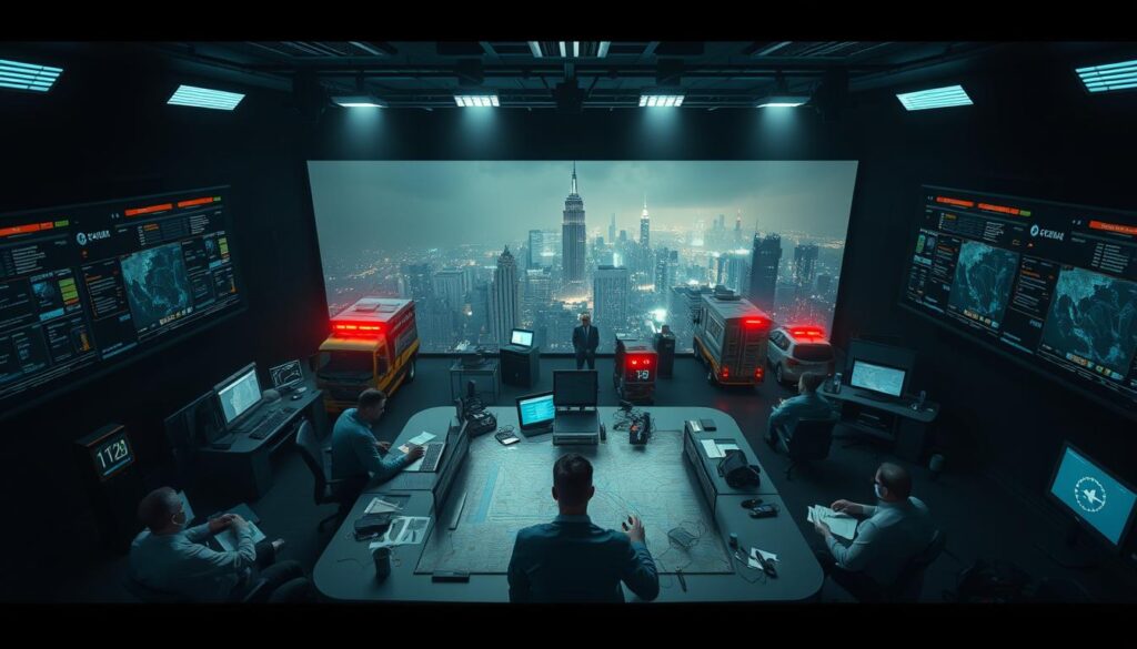 A striking aerial view of a crisis response command center, with a team of experts huddled around a central table, poring over detailed maps and data displays. The lighting is tense and dramatic, with a mix of overhead spotlights and glow from digital screens. In the middle ground, emergency vehicles and personnel stand at the ready, while in the background, a city skyline is shrouded in an ominous haze, hinting at the scale of the unfolding situation. The prompt evokes a sense of urgency and high-stakes decision-making, capturing the essential elements of an effective emergency action plan.