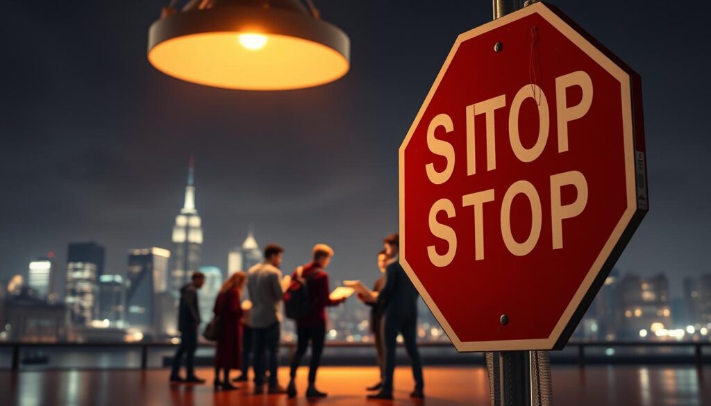 A striking illustration of financial aid scam prevention. In the foreground, a red "STOP" sign stands as a bold warning, conveying the urgent need to be vigilant. In the middle ground, a group of people surround a document, carefully examining it under the warm glow of an overhead light, symbolizing the careful scrutiny required to identify fraudulent offers. The background depicts a cityscape, hinting at the widespread nature of these scams and the importance of educating the public. The scene is captured with a cinematic, high-contrast lighting, creating a sense of tension and urgency, driving home the message of protecting oneself from financial aid scams.