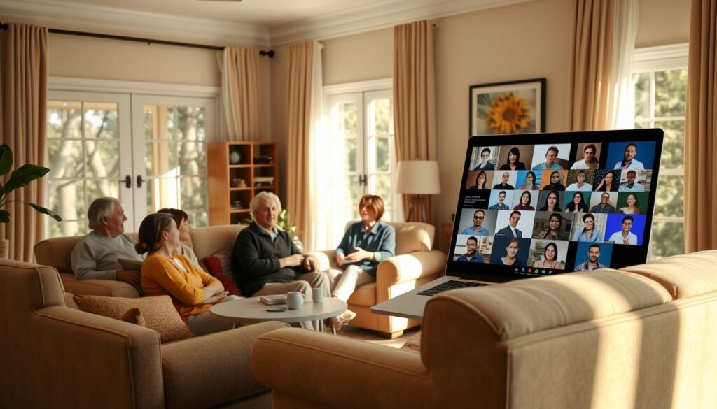 A sun-dappled living room, warm and inviting, with plush armchairs arranged in a circle. In the foreground, a small group of people, faces animated in lively discussion, embodying the camaraderie of an in-person support group. In the background, the same scene replicated on a laptop screen, digital avatars in a virtual meeting, the energy palpable despite the distance. Soft, diffused lighting illuminates the contrast, highlighting the human connection and intimacy of both settings. The overall atmosphere is one of understanding, community, and the power of peer support, whether physical or digital. A sun-dappled living room, warm and inviting, with plush armchairs arranged in a circle. In the foreground, a small group of people, faces animated in lively discussion, embodying the camaraderie of an in-person support group. In the background, the same scene replicated on a laptop screen, digital avatars in a virtual meeting, the energy palpable despite the distance. Soft, diffused lighting illuminates the contrast, highlighting the human connection and intimacy of both settings. The overall atmosphere is one of understanding, community, and the power of peer support, whether physical or digital.
