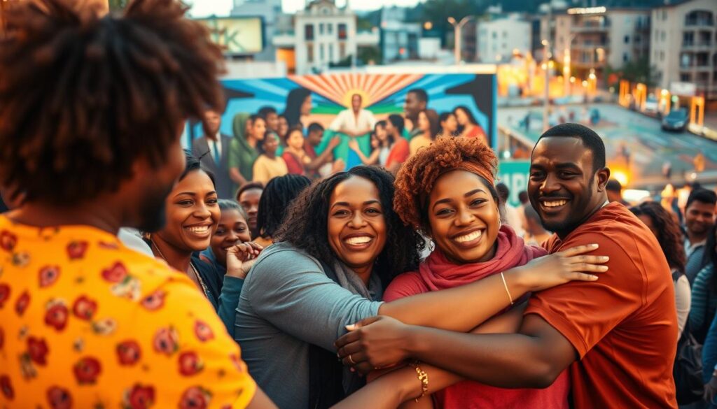 A vibrant community celebration, where diverse individuals unite in overcoming challenges together. In the foreground, a group of people from different backgrounds embrace, their faces beaming with pride and determination. In the middle ground, a colorful mural depicting scenes of adversity transformed into triumph. The background showcases a bustling urban landscape, illuminated by warm, golden lighting that casts a sense of unity and optimism. The composition captures the spirit of collective achievement, where individual stories converge to form a tapestry of resilience and community strength.