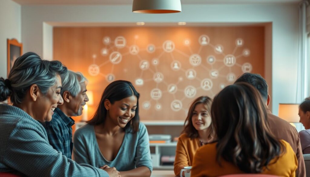 A vibrant community platform for grief support, with a warm and welcoming atmosphere. The foreground features a group of diverse individuals engaged in heartfelt discussions, their faces expressing empathy and understanding. In the middle ground, a cozy virtual gathering space with soft lighting and soothing colors, fostering a sense of safety and comfort. The background showcases a network of interconnected icons, representing the various support resources and channels available, creating a sense of unity and holistic care. The overall mood is one of compassion, healing, and the power of shared experiences. A vibrant community platform for grief support, with a warm and welcoming atmosphere. The foreground features a group of diverse individuals engaged in heartfelt discussions, their faces expressing empathy and understanding. In the middle ground, a cozy virtual gathering space with soft lighting and soothing colors, fostering a sense of safety and comfort. The background showcases a network of interconnected icons, representing the various support resources and channels available, creating a sense of unity and holistic care. The overall mood is one of compassion, healing, and the power of shared experiences.