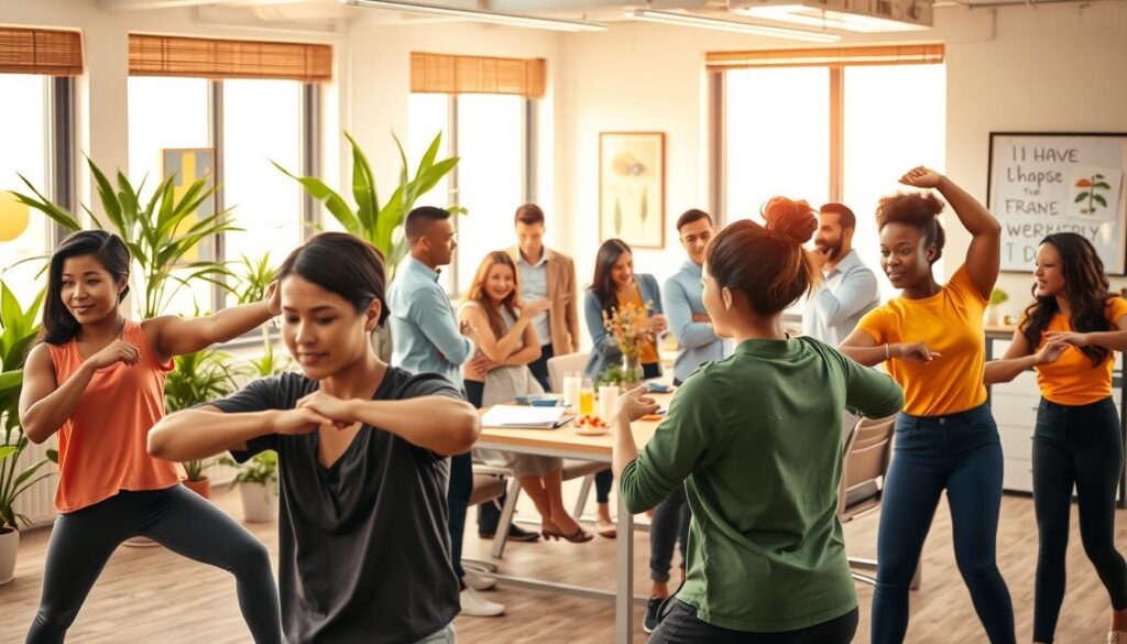 A vibrant, motivational office setting with a team of diverse employees engaged in various wellness activities. In the foreground, a group of workers stretching and doing light exercises, their expressions determined and energized. In the middle ground, others are gathered around a table, discussing healthy snacks and sharing tips for maintaining a positive mindset. The background features a well-lit, modern workspace with natural elements like potted plants, inspiring wall art, and large windows that flood the space with warm, natural light. The overall scene conveys a sense of camaraderie, productivity, and a strong commitment to employee well-being. A vibrant, motivational office setting with a team of diverse employees engaged in various wellness activities. In the foreground, a group of workers stretching and doing light exercises, their expressions determined and energized. In the middle ground, others are gathered around a table, discussing healthy snacks and sharing tips for maintaining a positive mindset. The background features a well-lit, modern workspace with natural elements like potted plants, inspiring wall art, and large windows that flood the space with warm, natural light. The overall scene conveys a sense of camaraderie, productivity, and a strong commitment to employee well-being.