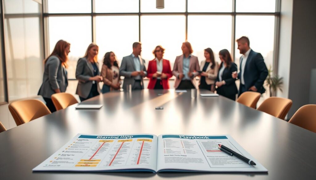 A visually engaging "belonging playbook framework" displayed on a large, sleek conference table in a modern office setting. In the foreground, an open playbook with colorful diagrams and bullet points, surrounded by stylish business attire notebooks and pens. The middle ground features diverse professionals in modest business casual clothing, actively collaborating and discussing ideas. The background includes a large window with soft natural light pouring in, illuminating the space and creating a warm, inviting atmosphere. The overall mood conveys a sense of teamwork and inclusivity, symbolizing the journey to belonging within a community. The composition is captured from a slightly elevated angle, focusing on the interactive elements of the scene. A visually engaging "belonging playbook framework" displayed on a large, sleek conference table in a modern office setting. In the foreground, an open playbook with colorful diagrams and bullet points, surrounded by stylish business attire notebooks and pens. The middle ground features diverse professionals in modest business casual clothing, actively collaborating and discussing ideas. The background includes a large window with soft natural light pouring in, illuminating the space and creating a warm, inviting atmosphere. The overall mood conveys a sense of teamwork and inclusivity, symbolizing the journey to belonging within a community. The composition is captured from a slightly elevated angle, focusing on the interactive elements of the scene.