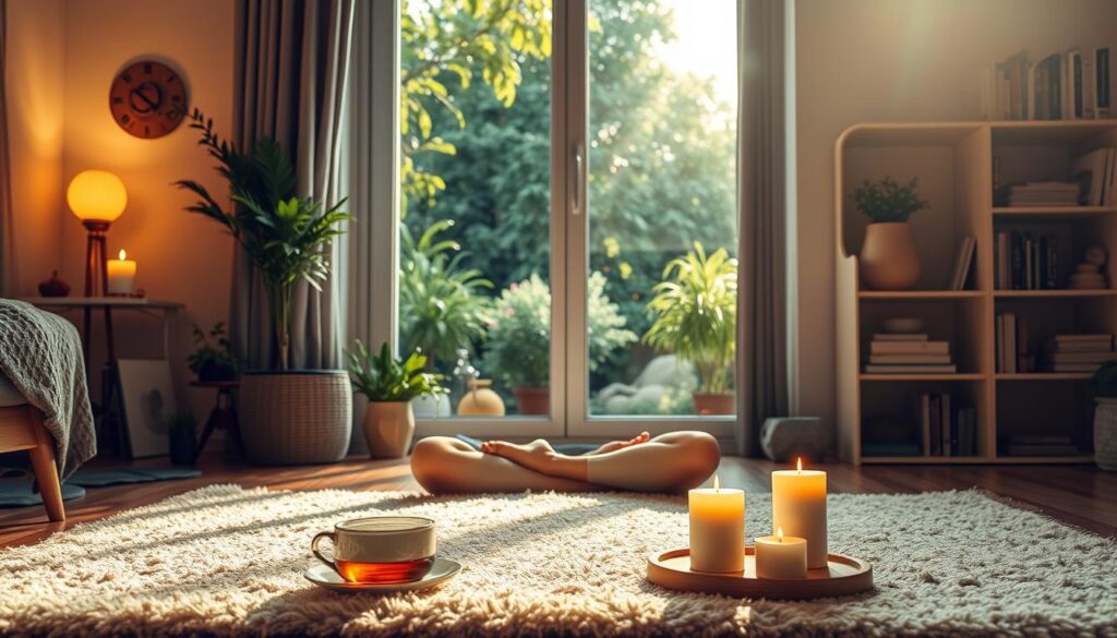 A warm and tranquil scene of a caregiver engaged in self-care practices. In the foreground, a person sits cross-legged on a plush rug, eyes closed in deep meditation, their face serene and relaxed. Surrounding them are symbols of self-care - a cup of herbal tea, a cozy throw blanket, and a few scented candles casting a soft, ambient glow. The middle ground features a window overlooking a lush, sun-dappled garden, creating a soothing, restorative atmosphere. In the background, shelves display calming books and wellness items, reflecting the caregiver's dedication to their own wellbeing. Soft, natural lighting filters in, capturing the tranquility of the moment and the importance of balanced self-care.