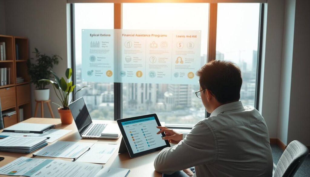 A warm, sunlit office setting featuring a desk with various financial documents, a laptop, and a potted plant. In the foreground, a person is seated, contemplating options for grants, loans, and aid displayed on a tablet. The middle ground showcases a wall display with icons and infographics illustrating different financial assistance programs. The background features a large window overlooking a vibrant cityscape, conveying a sense of hope and opportunity. Soft, diffused lighting creates a inviting, professional atmosphere.