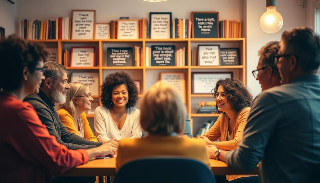 A warm, vibrant scene of a supportive testimonials network. In the foreground, a diverse group of individuals gathered around a table, exchanging stories and words of encouragement. Soft lighting illuminates their faces, conveying a sense of trust and camaraderie. In the middle ground, a backdrop of shelves filled with books and framed inspirational quotes, creating an atmosphere of knowledge and personal growth. The background blurs into a cozy, welcoming environment, with gentle hues and a sense of community. The overall mood is one of empowerment, connection, and the transformative power of shared experiences.