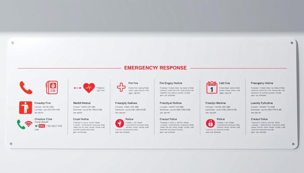 An emergency response guide with clear icons and contact details displayed on a clean, minimalist white background. The foreground features a grid of phone, fire, medical, and police symbols in vivid colors. The middle ground showcases neatly organized text boxes with emergency hotline numbers and brief descriptions. The background maintains a sense of order and professionalism with soft shadows and gentle highlights, creating a calm, authoritative atmosphere. Captured with a wide, slightly elevated camera angle to convey a sense of accessibility and guidance.