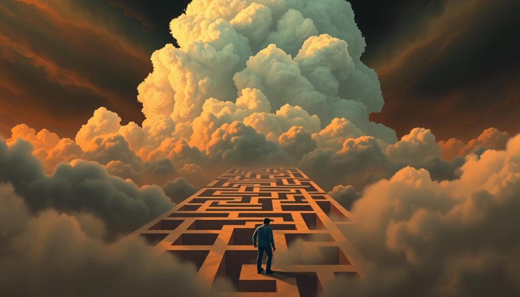 Detailed digital illustration of retirement planning pitfalls, captured in a surreal, dreamlike environment. A looming, ominous cloud formation fills the background, symbolizing the potential challenges and uncertainties of retirement planning. In the middle ground, a maze-like structure represents the complex web of financial decisions and obstacles retirees must navigate. In the foreground, a figure appears lost and disoriented, struggling to find their way through the maze, highlighting the need for careful planning and guidance. Warm, dramatic lighting casts deep shadows, creating a sense of unease and tension. The overall composition conveys the importance of being aware of and preparing for the potential pitfalls of retirement planning. Detailed digital illustration of retirement planning pitfalls, captured in a surreal, dreamlike environment. A looming, ominous cloud formation fills the background, symbolizing the potential challenges and uncertainties of retirement planning. In the middle ground, a maze-like structure represents the complex web of financial decisions and obstacles retirees must navigate. In the foreground, a figure appears lost and disoriented, struggling to find their way through the maze, highlighting the need for careful planning and guidance. Warm, dramatic lighting casts deep shadows, creating a sense of unease and tension. The overall composition conveys the importance of being aware of and preparing for the potential pitfalls of retirement planning.