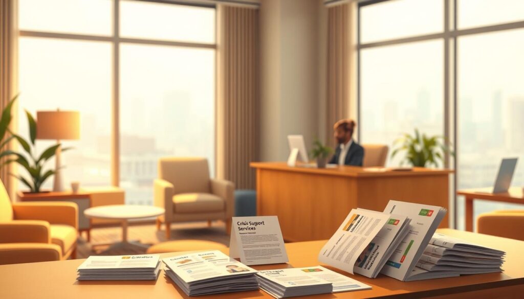 a highly detailed, hyper-realistic digital illustration of crisis support services, depicting a softly lit, inviting office space with comfortable seating, warm lighting, and soothing, neutral-toned decor. In the foreground, a person in professional attire is seated at a desk, providing a compassionate, attentive presence. The middle ground showcases various informational pamphlets and brochures neatly displayed, conveying the breadth of assistance available. The background features a calming, blurred cityscape visible through large windows, creating a sense of privacy and security. The overall scene exudes an atmosphere of care, empathy, and professionalism, reflecting the crucial role of crisis support services. a highly detailed, hyper-realistic digital illustration of crisis support services, depicting a softly lit, inviting office space with comfortable seating, warm lighting, and soothing, neutral-toned decor. In the foreground, a person in professional attire is seated at a desk, providing a compassionate, attentive presence. The middle ground showcases various informational pamphlets and brochures neatly displayed, conveying the breadth of assistance available. The background features a calming, blurred cityscape visible through large windows, creating a sense of privacy and security. The overall scene exudes an atmosphere of care, empathy, and professionalism, reflecting the crucial role of crisis support services.