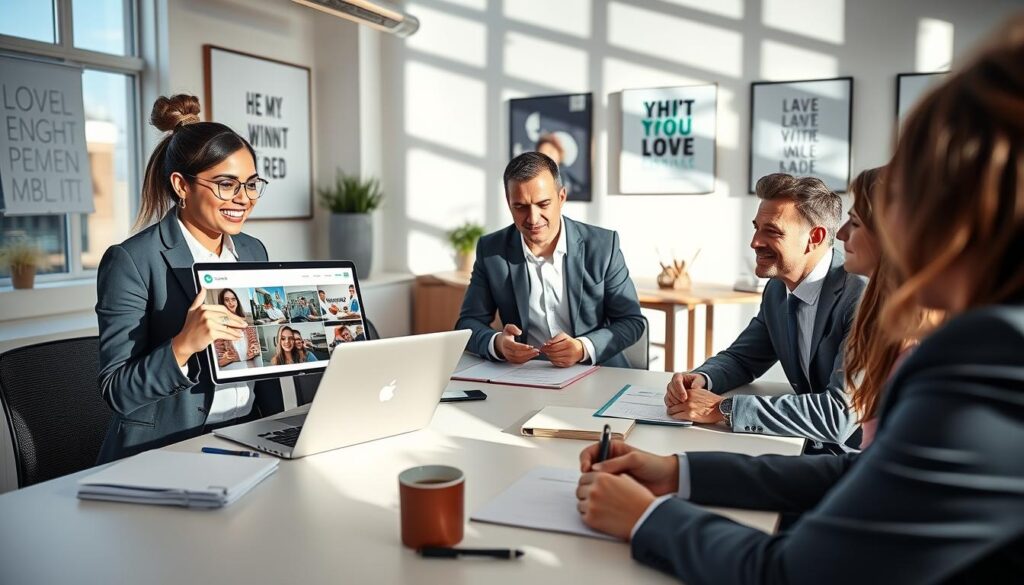 A bright, modern workspace where a diverse group of professionals, dressed in smart business attire, engages in a focused portfolio review session. In the foreground, a young woman is presenting her digital portfolio on a sleek laptop, her face animated with enthusiasm. Beside her, a man, taking notes, is looking thoughtfully at the screen. The middle ground features a large table cluttered with notebooks, pens, and a cup of coffee, creating a collaborative atmosphere. In the background, large windows allow natural light to flood the room, casting soft shadows on the walls adorned with motivational art. The overall mood is one of creativity and support, highlighting the journey of career transformation through community engagement. A bright, modern workspace where a diverse group of professionals, dressed in smart business attire, engages in a focused portfolio review session. In the foreground, a young woman is presenting her digital portfolio on a sleek laptop, her face animated with enthusiasm. Beside her, a man, taking notes, is looking thoughtfully at the screen. The middle ground features a large table cluttered with notebooks, pens, and a cup of coffee, creating a collaborative atmosphere. In the background, large windows allow natural light to flood the room, casting soft shadows on the walls adorned with motivational art. The overall mood is one of creativity and support, highlighting the journey of career transformation through community engagement.