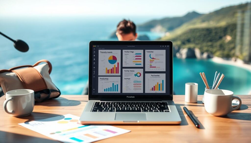 A cozy, modern workspace set against a backdrop of breathtaking natural scenery, perhaps a beach or mountain view, illustrating the concept of a digital nomad's life. In the foreground, a neatly arranged desk with a laptop open to productivity templates, showing colorful graphs, checklists, and flowcharts. To the side, a stylish coffee cup and minimalist stationery complement the scene. The middle layer features a traveler in professional casual wear, focused on their work. Soft, natural lighting enhances the relaxed yet productive atmosphere, creating an inviting feel. The background showcases clear blue skies or lush greenery, symbolizing freedom and adventure, while maintaining a sense of professionalism and organization. A cozy, modern workspace set against a backdrop of breathtaking natural scenery, perhaps a beach or mountain view, illustrating the concept of a digital nomad's life. In the foreground, a neatly arranged desk with a laptop open to productivity templates, showing colorful graphs, checklists, and flowcharts. To the side, a stylish coffee cup and minimalist stationery complement the scene. The middle layer features a traveler in professional casual wear, focused on their work. Soft, natural lighting enhances the relaxed yet productive atmosphere, creating an inviting feel. The background showcases clear blue skies or lush greenery, symbolizing freedom and adventure, while maintaining a sense of professionalism and organization.