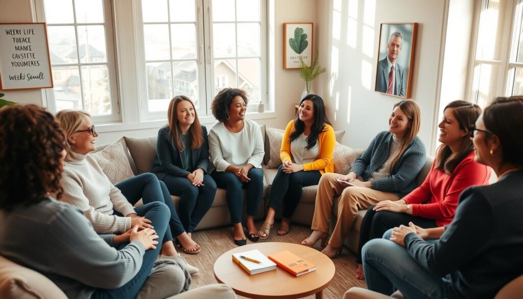 A cozy room filled with people sitting in a circle, engaged in a supportive peer group discussion. In the foreground, a diverse group of five individuals of varying ethnicities and ages, dressed in comfortable yet professional attire, are smiling and sharing their thoughts. The middle ground features soft cushions and a warm, inviting coffee table with a few personal items like notebooks and pens. The background includes soft lighting from large windows, emitting natural light, enhancing a sense of serenity and openness. The walls are painted in calming pastel colors, decorated with motivational art. The atmosphere is warm, nurturing, and reflective, embodying feelings of connection and belonging, with soft shadows creating a peaceful ambiance. A cozy room filled with people sitting in a circle, engaged in a supportive peer group discussion. In the foreground, a diverse group of five individuals of varying ethnicities and ages, dressed in comfortable yet professional attire, are smiling and sharing their thoughts. The middle ground features soft cushions and a warm, inviting coffee table with a few personal items like notebooks and pens. The background includes soft lighting from large windows, emitting natural light, enhancing a sense of serenity and openness. The walls are painted in calming pastel colors, decorated with motivational art. The atmosphere is warm, nurturing, and reflective, embodying feelings of connection and belonging, with soft shadows creating a peaceful ambiance.