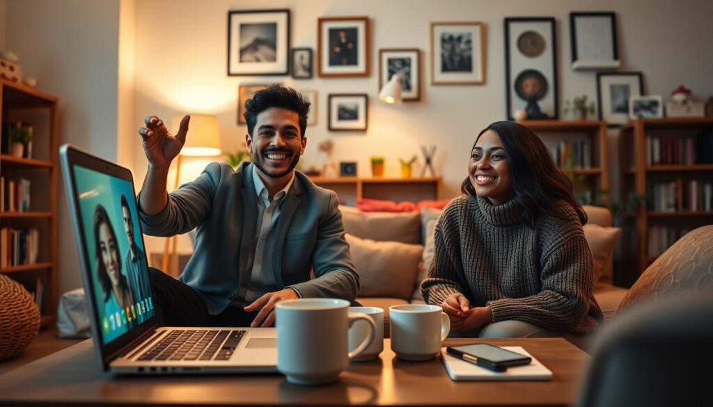 A cozy virtual gathering space illuminated by soft, warm lighting, showcasing two diverse individuals engaging joyfully in a video call on a computer screen. The foreground features a laptop displaying animated expressions, with one person wearing smart casual attire and the other in a modest sweater. In the middle ground, a coffee table with mugs and personal items adds a touch of homeliness, while the background reveals a well-decorated room filled with books, plants, and framed pictures, suggesting a personal connection. The overall atmosphere is welcoming and uplifting, evoking a sense of warmth and intimacy, reflecting the special bond formed through meaningful online friendships. The scene is captured with a slight tilt angle to enhance the sense of engagement and connection.