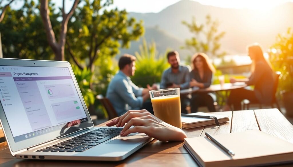 A digital nomad working on a laptop at a scenic outdoor café, surrounded by vibrant greenery and the soft glow of sunlight filtering through trees. In the foreground, the laptop displays project management software, while a healthy smoothie and a journal are on the table, symbolizing well-being and productivity. In the middle ground, a diverse group of professionals in smart casual attire collaborates and shares ideas, reflecting a dynamic work environment. The background features a picturesque landscape of mountains or a beach, creating a sense of freedom and adventure. The image has warm, inviting lighting that enhances the atmosphere of creativity and health on the move, captured with a wide-angle lens to emphasize the expansive surroundings. A digital nomad working on a laptop at a scenic outdoor café, surrounded by vibrant greenery and the soft glow of sunlight filtering through trees. In the foreground, the laptop displays project management software, while a healthy smoothie and a journal are on the table, symbolizing well-being and productivity. In the middle ground, a diverse group of professionals in smart casual attire collaborates and shares ideas, reflecting a dynamic work environment. The background features a picturesque landscape of mountains or a beach, creating a sense of freedom and adventure. The image has warm, inviting lighting that enhances the atmosphere of creativity and health on the move, captured with a wide-angle lens to emphasize the expansive surroundings.