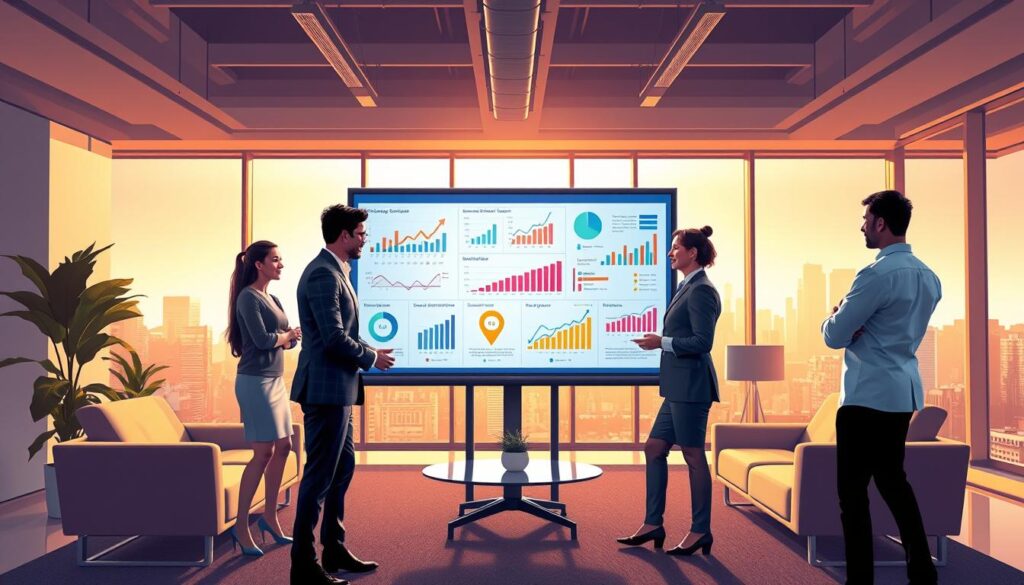 A dynamic and visually engaging illustration that represents "promotions strategies" in a corporate setting. In the foreground, a diverse group of three professionals in smart business attire, collaborating around a large, interactive digital display filled with colorful charts and graphs, showcasing key performance indicators. In the middle, a modern, well-lit office space with sleek furniture and inspiring decor, symbolizing success and innovation. In the background, large windows revealing a city skyline bathed in warm sunlight, creating an uplifting and motivational atmosphere. The composition should have a wide-angle perspective, enhancing the sense of teamwork and achievement, with soft lighting filtering through the office to evoke a sense of optimism and progression. A dynamic and visually engaging illustration that represents "promotions strategies" in a corporate setting. In the foreground, a diverse group of three professionals in smart business attire, collaborating around a large, interactive digital display filled with colorful charts and graphs, showcasing key performance indicators. In the middle, a modern, well-lit office space with sleek furniture and inspiring decor, symbolizing success and innovation. In the background, large windows revealing a city skyline bathed in warm sunlight, creating an uplifting and motivational atmosphere. The composition should have a wide-angle perspective, enhancing the sense of teamwork and achievement, with soft lighting filtering through the office to evoke a sense of optimism and progression.