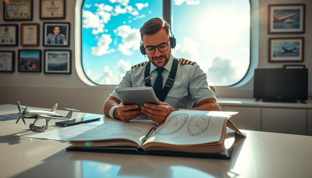 A focused and engaged pilot seated at a sleek desk, reviewing flight data on a tablet. The foreground features a detailed notebook filled with notes and charts spread across the desk, alongside a vintage aviation model airplane symbolizing the journey. In the middle ground, a wall adorned with aviation certificates and framed photographs of flights creates a sense of achievement and professionalism. The background showcases a sunlit window revealing a vivid blue sky with clouds, highlighting the vastness of air travel. Soft, warm lighting enhances the scene, creating an atmosphere of reflection and accomplishment. The pilot is dressed in a crisp, professional flight uniform, exuding confidence and diligence in preparation for future flights.