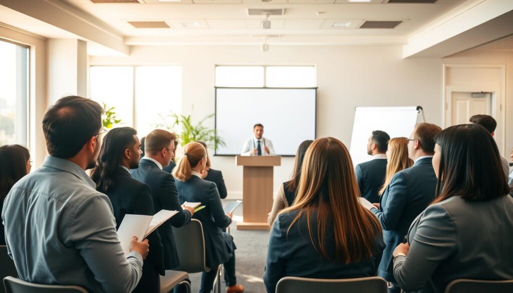 A professional event staffing training session in a bright, airy conference room. In the foreground, a diverse group of individuals in professional business attire engaging in discussions and activities, with some taking notes. The middle ground features a presenter at a podium, enthusiastically demonstrating key concepts using a projector screen behind them. In the background, soft-lit windows reveal a sunny day outside, with plants adding a touch of greenery. The atmosphere is focused and collaborative, conveying a sense of community and purpose. The lighting is warm, highlighting the faces of participants and creating an inviting environment. The angle captures the dynamism of the training, with an emphasis on interaction and learning. A professional event staffing training session in a bright, airy conference room. In the foreground, a diverse group of individuals in professional business attire engaging in discussions and activities, with some taking notes. The middle ground features a presenter at a podium, enthusiastically demonstrating key concepts using a projector screen behind them. In the background, soft-lit windows reveal a sunny day outside, with plants adding a touch of greenery. The atmosphere is focused and collaborative, conveying a sense of community and purpose. The lighting is warm, highlighting the faces of participants and creating an inviting environment. The angle captures the dynamism of the training, with an emphasis on interaction and learning.