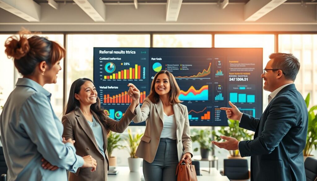 A professional workspace filled with dynamic graphs and charts depicting referral results metrics on a sleek digital dashboard. In the foreground, a diverse group of three individuals, two women and one man, dressed in professional attire, are engaged in a discussion, animatedly pointing at the screen displaying increasing percentages and growth figures. The middle layer features a large screen with colorful, eye-catching visuals of metrics, such as pie charts and line graphs, illustrating successful referrals and positive outcomes. In the background, soft natural light filters through large windows, casting a warm glow over plants and a modern office setup. The atmosphere is optimistic and collaborative, reflecting a sense of achievement and community support. Shot from a slightly elevated angle to capture both the data and the engaged discussions effectively. A professional workspace filled with dynamic graphs and charts depicting referral results metrics on a sleek digital dashboard. In the foreground, a diverse group of three individuals, two women and one man, dressed in professional attire, are engaged in a discussion, animatedly pointing at the screen displaying increasing percentages and growth figures. The middle layer features a large screen with colorful, eye-catching visuals of metrics, such as pie charts and line graphs, illustrating successful referrals and positive outcomes. In the background, soft natural light filters through large windows, casting a warm glow over plants and a modern office setup. The atmosphere is optimistic and collaborative, reflecting a sense of achievement and community support. Shot from a slightly elevated angle to capture both the data and the engaged discussions effectively.
