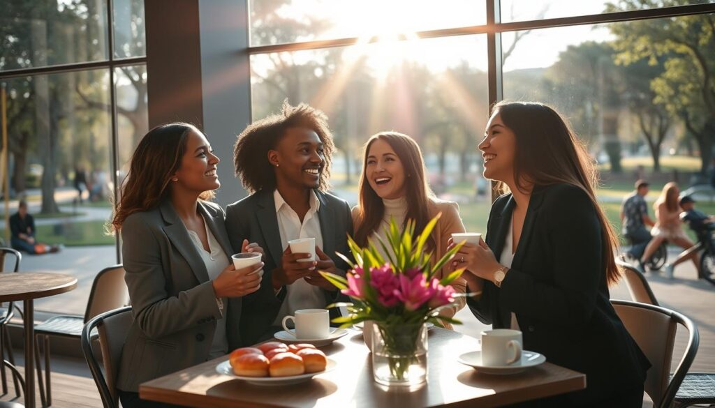 A serene café setting with sunlight filtering through large windows, radiating a warm glow. In the foreground, a diverse group of three individuals in professional casual attire sharing an animated conversation over coffee, their expressions reflecting joy and camaraderie. The middle ground features a table adorned with vibrant pastries and a beautiful plant centerpiece, adding a touch of nature. The background showcases scenic views of a tranquil park, complete with trees and people enjoying leisurely activities. The lighting is soft yet lively, capturing a moment of connection and success. The atmosphere is uplifting and inviting, embodying the essence of shared experiences and personal growth.