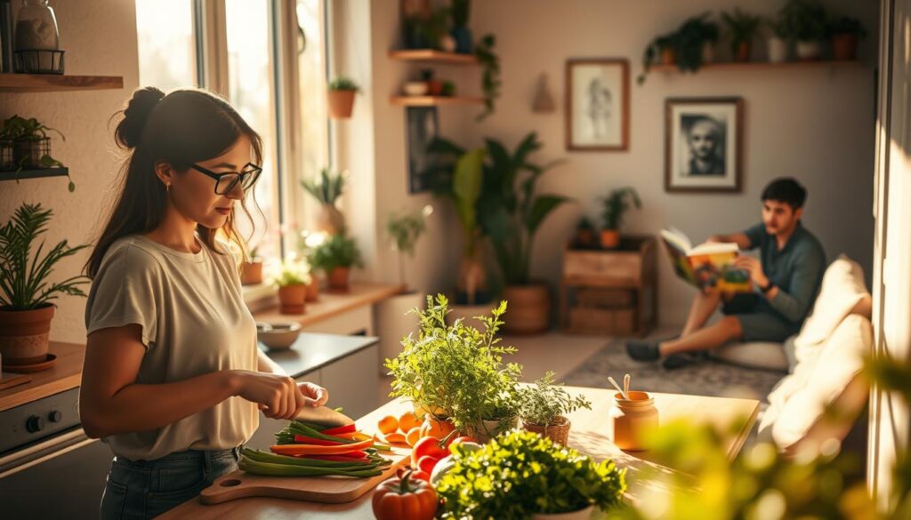 A serene kitchen scene in a cozy, sunlit space, showcasing a diverse group of three individuals engaged in sustainable daily routines. In the foreground, a woman with glasses prepares a colorful meal, meticulously chopping organic vegetables. To her side, a man tends to a small indoor herb garden, sunlight streaming through a large window, creating soft shadows. In the background, another person reads a book on mindfulness, sitting cross-legged on a cozy rug. The walls are adorned with potted plants and eco-friendly artwork. Warm, natural lighting envelops the room, emphasizing the calm and inviting atmosphere, with a slight lens blur on the background to draw focus on the activities promoting sustainable well-being. Overall, the image conveys a sense of peace, community, and responsible living. A serene kitchen scene in a cozy, sunlit space, showcasing a diverse group of three individuals engaged in sustainable daily routines. In the foreground, a woman with glasses prepares a colorful meal, meticulously chopping organic vegetables. To her side, a man tends to a small indoor herb garden, sunlight streaming through a large window, creating soft shadows. In the background, another person reads a book on mindfulness, sitting cross-legged on a cozy rug. The walls are adorned with potted plants and eco-friendly artwork. Warm, natural lighting envelops the room, emphasizing the calm and inviting atmosphere, with a slight lens blur on the background to draw focus on the activities promoting sustainable well-being. Overall, the image conveys a sense of peace, community, and responsible living.