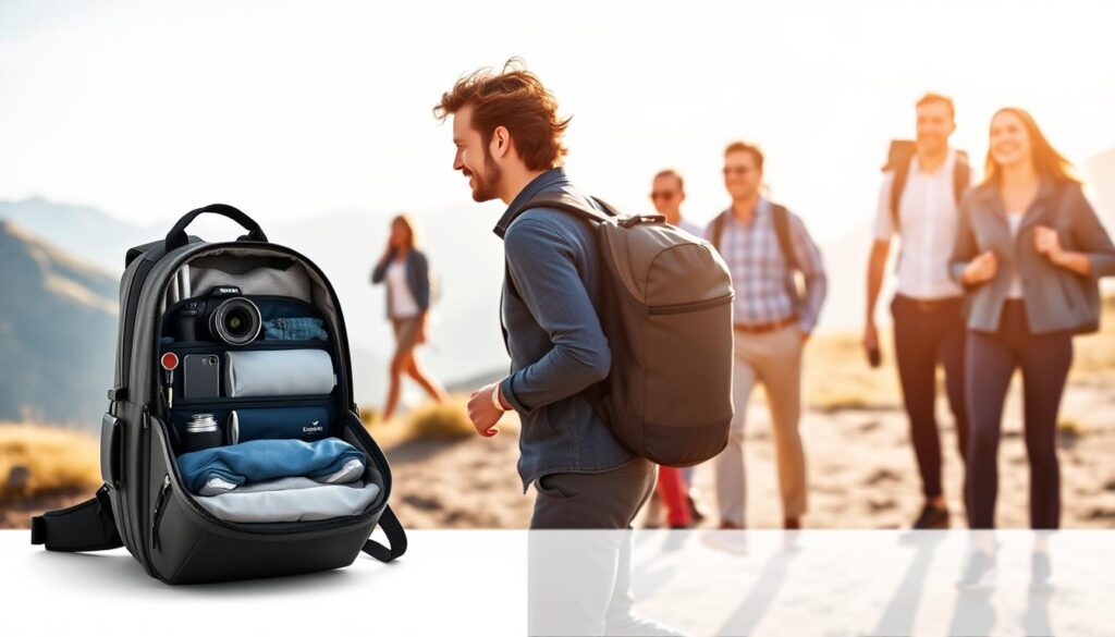 A sleek and modern Light-Pack System designed for efficient travel. In the foreground, showcase a streamlined backpack with multiple compartments filled with travel essentials: a compact camera, portable charger, and lightweight clothing, all organized neatly. The middle ground features an open landscape, perhaps a serene mountain trail or a tranquil beach setting, where a diverse group of travelers, dressed in professional casual attire, are utilizing the system. The background displays a bright, clear sky with soft sunlight filtering through, creating a warm and inviting atmosphere. Capture the image from a slightly elevated angle to emphasize the functionality of the Light-Pack System against the stunning backdrop, evoking a sense of adventure and escape, highlighting simplicity and ease in travel.