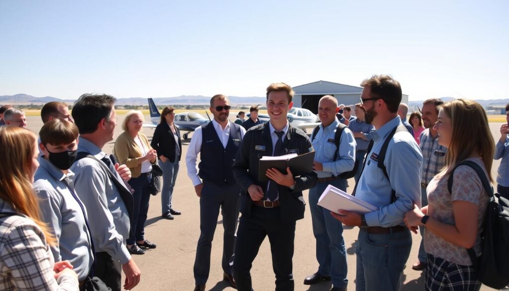 A vibrant aviation community gathering at a sunny airfield, showcasing a diverse group of enthusiastic pilots and aviation supporters. In the foreground, individuals in professional business attire and modest casual clothing engage in animated conversations, with a smiling young pilot holding a flight logbook, symbolizing personal achievements. The middle ground features a row of small aircraft parked on the tarmac, with a backdrop of a clear blue sky and distant rolling hills. In the background, a vintage hangar stands, reflecting a sense of history and camaraderie. Bright, natural lighting bathes the scene, creating an uplifting and inviting atmosphere. Capture the moment from a slightly elevated angle to emphasize the community spirit and connection among aviation enthusiasts.