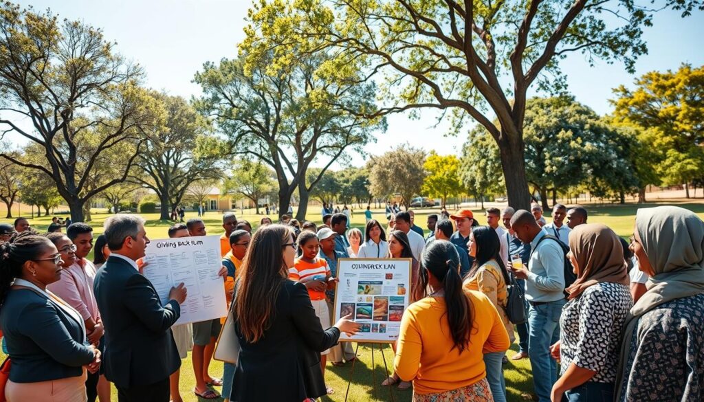 A vibrant community meeting in a bright, open park, focused on a “Giving Back Plan.” In the foreground, a diverse group of individuals, dressed in professional business attire and modest casual clothing, engaged in animated discussions and brainstorming around a large paperboard filled with ideas. In the middle ground, volunteers are seen distributing food and supplies to locals, showcasing a spirit of generosity. The background features trees and a clear blue sky, with sunlight filtering through the leaves, creating a warm and inviting atmosphere. The scene is captured with a slightly elevated angle, adding depth and showing the interaction between community members, evoking a sense of hope and collaboration. The overall mood is uplifting and inspiring, emphasizing the power of community and collective effort.