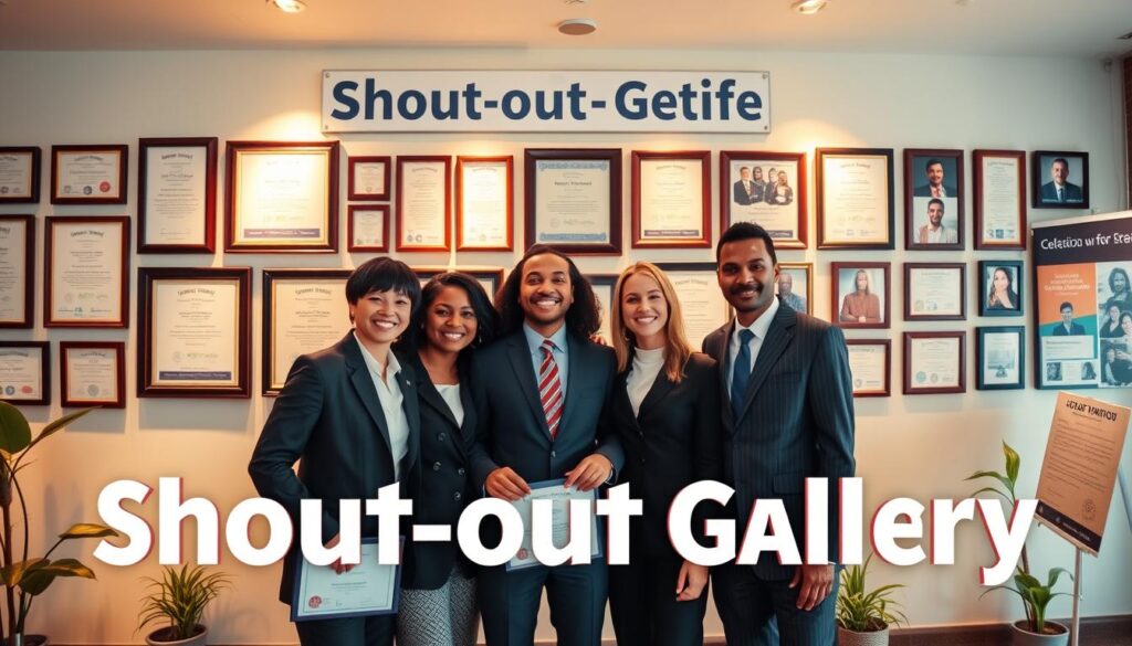 A vibrant "shout-outs gallery" showcasing a wall filled with framed certificates and accolades, prominently featuring achievements and professional certifications. In the foreground, a diverse group of three individuals in professional business attire poses proudly in front of the gallery, smiling with joy. The middle layer includes multiple awards and photos of members highlighted with soft spotlights to create a celebratory atmosphere. The background depicts a softly lit room with elegant décor, featuring plants and professional display panels, adding to the ambiance. Use warm, inviting lighting to evoke a sense of accomplishment and camaraderie, captured with a wide-angle lens to encompass the entire scene, creating a feeling of unity and pride. A vibrant "shout-outs gallery" showcasing a wall filled with framed certificates and accolades, prominently featuring achievements and professional certifications. In the foreground, a diverse group of three individuals in professional business attire poses proudly in front of the gallery, smiling with joy. The middle layer includes multiple awards and photos of members highlighted with soft spotlights to create a celebratory atmosphere. The background depicts a softly lit room with elegant décor, featuring plants and professional display panels, adding to the ambiance. Use warm, inviting lighting to evoke a sense of accomplishment and camaraderie, captured with a wide-angle lens to encompass the entire scene, creating a feeling of unity and pride.