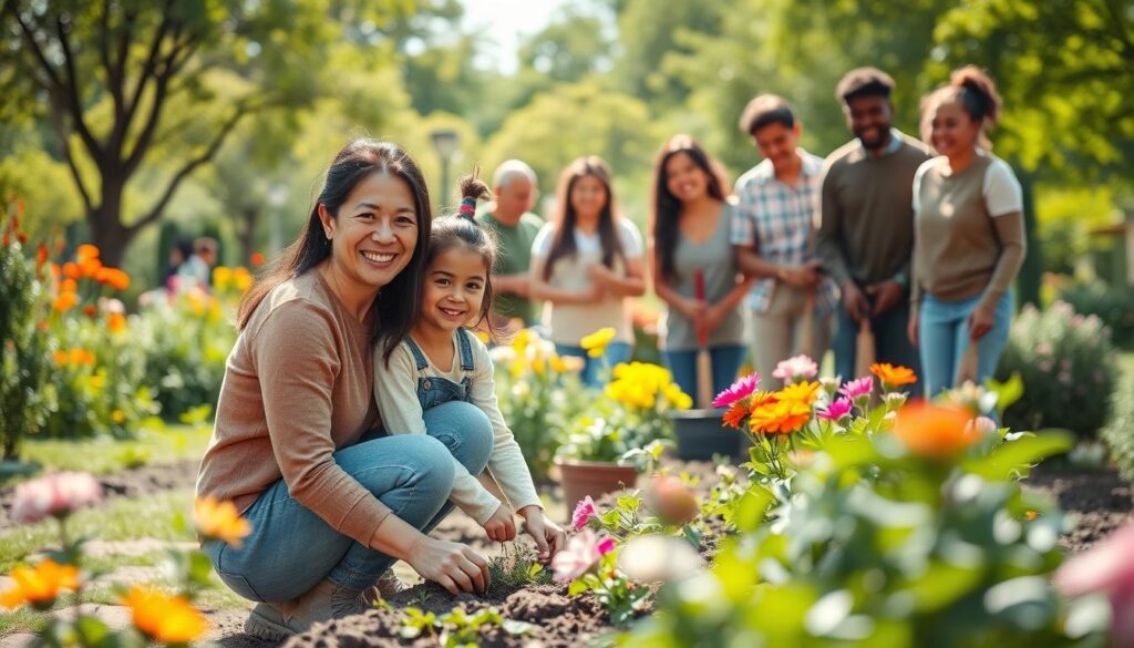 A warm, heartfelt scene capturing a diverse group of volunteers actively engaged in community service. In the foreground, a middle-aged woman wearing a modest casual outfit kneels beside a young girl, both planting flowers in a vibrant community garden, their faces radiating joy and connection. In the middle, a diverse group of individuals from various backgrounds and ages collaborate, holding tools and sharing smiles, embodying a sense of belonging and teamwork. The background features a sunny park with lush greenery and colorful blooms, enhancing the uplifting atmosphere. Soft, natural lighting bathes the scene, creating a gentle glow, while a shallow depth of field focuses on the volunteers, emphasizing the theme of "Human Moments" and the impactful relationships formed through volunteering. A warm, heartfelt scene capturing a diverse group of volunteers actively engaged in community service. In the foreground, a middle-aged woman wearing a modest casual outfit kneels beside a young girl, both planting flowers in a vibrant community garden, their faces radiating joy and connection. In the middle, a diverse group of individuals from various backgrounds and ages collaborate, holding tools and sharing smiles, embodying a sense of belonging and teamwork. The background features a sunny park with lush greenery and colorful blooms, enhancing the uplifting atmosphere. Soft, natural lighting bathes the scene, creating a gentle glow, while a shallow depth of field focuses on the volunteers, emphasizing the theme of "Human Moments" and the impactful relationships formed through volunteering.