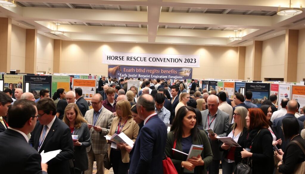 A bustling horse rescue convention scene set in a spacious indoor exhibition hall. In the foreground, a diverse group of attendees, including men and women of various ages, dressed in professional business attire and modest casual clothing, are engaged in conversations while holding registration materials. In the middle ground, colorful booths display pamphlets, informative posters about horse welfare, and rescue organizations. A large banner in the background highlights “Horse Rescue Convention 2023” with an inviting atmosphere. Soft, warm overhead lighting illuminates the space, creating a welcoming vibe. The angle captures a wide view of the venue, emphasizing the excitement and community spirit among attendees discussing early bird registration benefits. The overall mood is optimistic and focused on collaboration for horse welfare. A bustling horse rescue convention scene set in a spacious indoor exhibition hall. In the foreground, a diverse group of attendees, including men and women of various ages, dressed in professional business attire and modest casual clothing, are engaged in conversations while holding registration materials. In the middle ground, colorful booths display pamphlets, informative posters about horse welfare, and rescue organizations. A large banner in the background highlights “Horse Rescue Convention 2023” with an inviting atmosphere. Soft, warm overhead lighting illuminates the space, creating a welcoming vibe. The angle captures a wide view of the venue, emphasizing the excitement and community spirit among attendees discussing early bird registration benefits. The overall mood is optimistic and focused on collaboration for horse welfare.