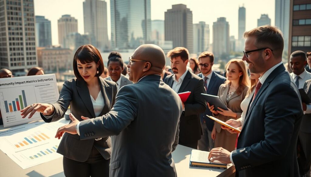 A busy urban setting where a diverse group of professionals in business attire gather around a large table on a sunny day. In the foreground, a woman with short hair passionately points at a chart illustrating community impact metrics, while a man with glasses takes notes. In the middle ground, various individuals discuss animatedly, some holding clipboards and others using laptops to analyze data. The background features a city skyline with tall buildings, symbolizing growth and progress. Soft, natural lighting highlights the scene, creating an optimistic atmosphere that signifies change and collaboration. The image conveys a sense of urgency and purpose, representing the intersection of community advocacy and policy transformation. A busy urban setting where a diverse group of professionals in business attire gather around a large table on a sunny day. In the foreground, a woman with short hair passionately points at a chart illustrating community impact metrics, while a man with glasses takes notes. In the middle ground, various individuals discuss animatedly, some holding clipboards and others using laptops to analyze data. The background features a city skyline with tall buildings, symbolizing growth and progress. Soft, natural lighting highlights the scene, creating an optimistic atmosphere that signifies change and collaboration. The image conveys a sense of urgency and purpose, representing the intersection of community advocacy and policy transformation.