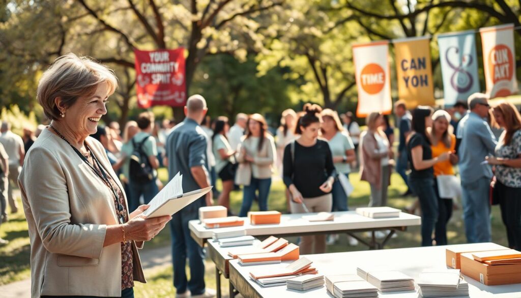 A community gathering in a sunlit park, showing a diverse group of individuals engaged in post-event fundraising follow-up activities. In the foreground, a middle-aged woman in professional attire is reviewing documents on a clipboard, smiling as she interacts with two younger volunteers dressed in modest casual clothing who are setting up tables with thank-you cards and refreshments. In the middle, several small groups of people are chatting, sharing stories, and enjoying the atmosphere of camaraderie, while others are sorting through donations and recording data. The background features colorful banners promoting community spirit and fundraising, with soft trees gently swaying in the breeze. The lighting is warm and inviting, creating a cheerful mood that emphasizes community bonds and teamwork. Use a wide-angle lens to capture the entire scene, enhancing the sense of togetherness. A community gathering in a sunlit park, showing a diverse group of individuals engaged in post-event fundraising follow-up activities. In the foreground, a middle-aged woman in professional attire is reviewing documents on a clipboard, smiling as she interacts with two younger volunteers dressed in modest casual clothing who are setting up tables with thank-you cards and refreshments. In the middle, several small groups of people are chatting, sharing stories, and enjoying the atmosphere of camaraderie, while others are sorting through donations and recording data. The background features colorful banners promoting community spirit and fundraising, with soft trees gently swaying in the breeze. The lighting is warm and inviting, creating a cheerful mood that emphasizes community bonds and teamwork. Use a wide-angle lens to capture the entire scene, enhancing the sense of togetherness.