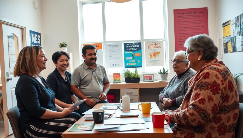 A cozy, inviting immigrant support group meeting taking place in a brightly lit community center. In the foreground, a diverse group of five adults, including a middle-aged woman in a business casual outfit, a young man in a polo shirt, and an elderly couple in modest attire, are engaged in a warm discussion, sharing stories and experiences. In the middle, a table is strewn with resources such as pamphlets, brochures, and coffee cups, symbolizing community and support. In the background, a large window allows natural light to flood in, illuminating colorful posters highlighting the group's mission and events. The atmosphere is warm and welcoming, fostering a sense of belonging and solidarity. The scene captures an open, friendly space, evoking feelings of hope and connection among individuals from different cultural backgrounds.