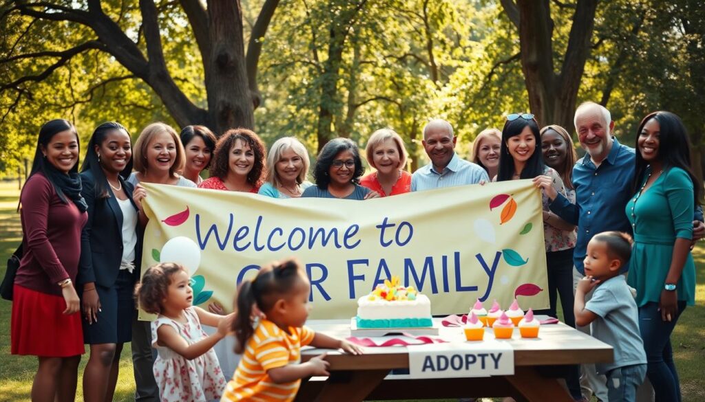 A joyful community celebration of an adoptive family in a vibrant park setting. In the foreground, a diverse group of adults and children gather around a large colorful banner that reads “Welcome to Our Family.” The adults, dressed in smart casual attire, are smiling and interacting warmly, while children play with balloons and cupcakes. In the middle, picnic tables are adorned with festive decorations and a cake celebrating the adoption. The background features trees with sunlight filtering through the leaves, creating a warm and inviting atmosphere. The scene is captured with a soft focus, enhancing the joyful expressions of the participants, conveying a spirit of connection, love, and celebration. Emphasize bright, natural lighting to evoke a cheerful mood.