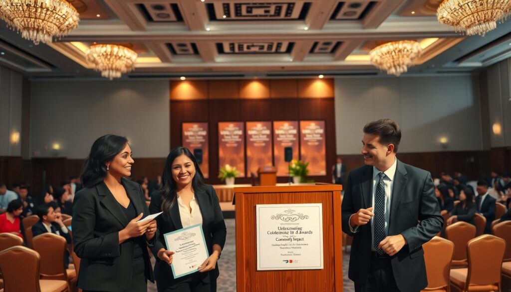 A large, elegant conference room set up for an awards ceremony, showcasing a beautifully decorated stage with a wooden podium displaying meaningful award categories such as "Outstanding Leadership," "Community Impact," and "Innovation Excellence." In the foreground, a diverse group of three professionals in business attire—two women and one man—are engaged in a discussion, smiling, and taking notes about the awards. Soft lighting casts a warm, inviting glow throughout the room, with spotlights focused on the stage. The middle layer features a backdrop of tasteful banners highlighting the award categories. In the background, an audience of attentive professionals is seated, eagerly anticipating the ceremony, enhancing the atmosphere of celebration and appreciation. The overall mood conveys a sense of pride and accomplishment, highlighting the importance of recognition in a professional setting. A large, elegant conference room set up for an awards ceremony, showcasing a beautifully decorated stage with a wooden podium displaying meaningful award categories such as "Outstanding Leadership," "Community Impact," and "Innovation Excellence." In the foreground, a diverse group of three professionals in business attire—two women and one man—are engaged in a discussion, smiling, and taking notes about the awards. Soft lighting casts a warm, inviting glow throughout the room, with spotlights focused on the stage. The middle layer features a backdrop of tasteful banners highlighting the award categories. In the background, an audience of attentive professionals is seated, eagerly anticipating the ceremony, enhancing the atmosphere of celebration and appreciation. The overall mood conveys a sense of pride and accomplishment, highlighting the importance of recognition in a professional setting.