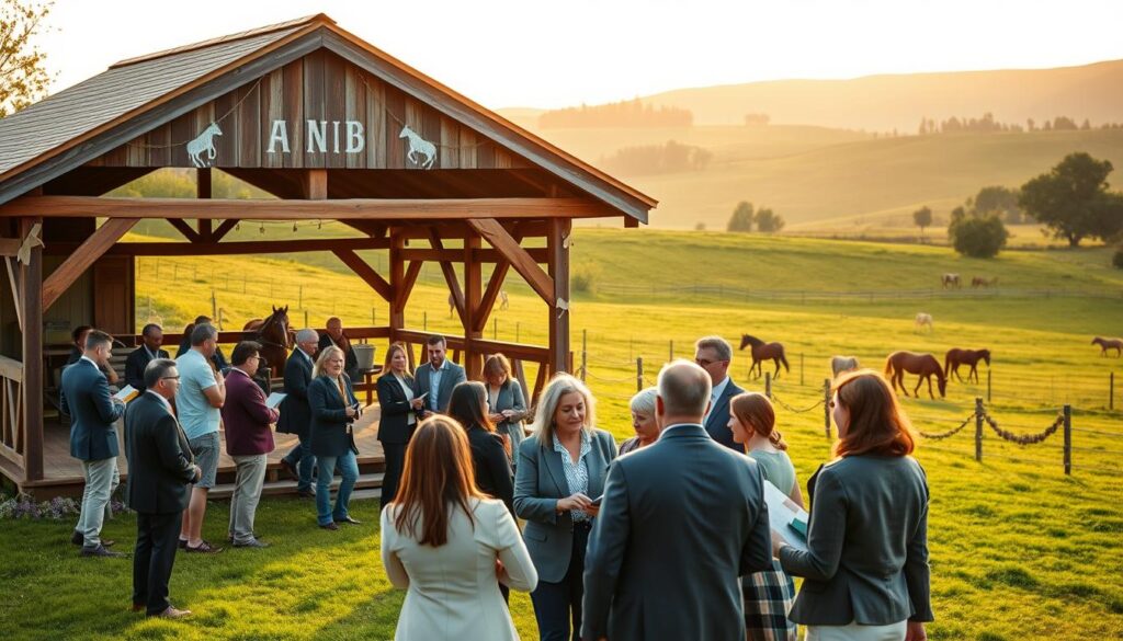 A picturesque outdoor venue for horse welfare meetings, set in a lush, green pastoral landscape. In the foreground, a diverse group of individuals in professional business attire engage in animated discussions, with clipboards and documents in hand. The middle ground features a rustic wooden pavilion adorned with horse-themed decorations, emphasizing a community spirit. In the background, rolling hills and a tranquil horse pasture with grazing horses create a serene atmosphere. Soft, golden hour lighting bathes the scene, casting warm shadows and enhancing the inviting mood. The composition is shot from a slightly elevated angle to capture the gathering and the surrounding natural beauty. The overall ambiance is one of collaboration and warmth, fostering a sense of belonging among horse enthusiasts. A picturesque outdoor venue for horse welfare meetings, set in a lush, green pastoral landscape. In the foreground, a diverse group of individuals in professional business attire engage in animated discussions, with clipboards and documents in hand. The middle ground features a rustic wooden pavilion adorned with horse-themed decorations, emphasizing a community spirit. In the background, rolling hills and a tranquil horse pasture with grazing horses create a serene atmosphere. Soft, golden hour lighting bathes the scene, casting warm shadows and enhancing the inviting mood. The composition is shot from a slightly elevated angle to capture the gathering and the surrounding natural beauty. The overall ambiance is one of collaboration and warmth, fostering a sense of belonging among horse enthusiasts.