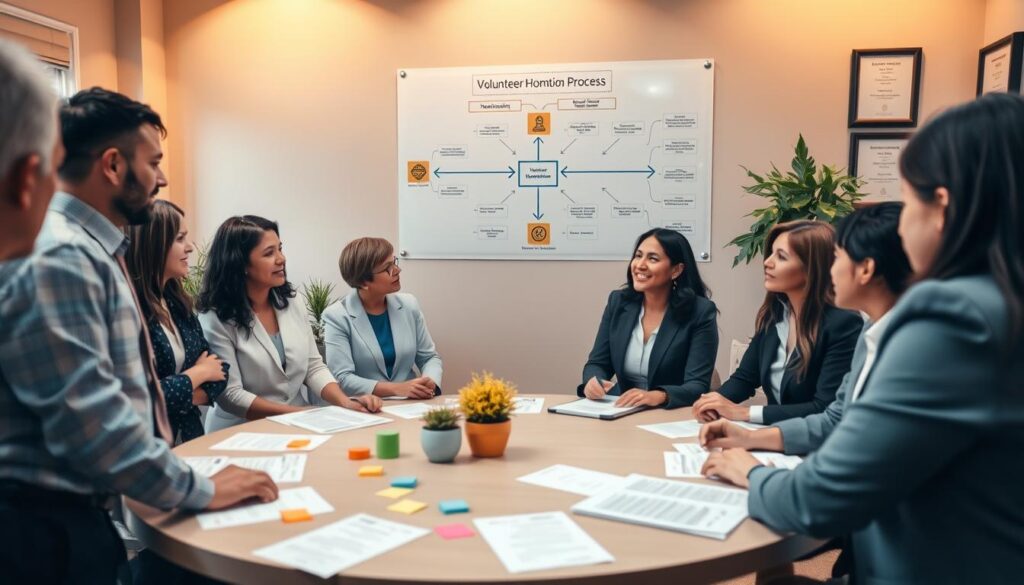 A professional setting showcasing a peer nomination process design for volunteer appreciation. In the foreground, a diverse group of individuals in professional business attire, engaged in a collaborative discussion around a circular table filled with nomination forms and colorful sticky notes. The middle ground features a large, visually engaging chart on a wall illustrating the nomination process flow with arrows and icons, emphasizing clarity and transparency. The background reveals a warm, inviting room with soft lighting that creates an atmosphere of camaraderie and support, accented by plants and framed volunteer appreciation awards. The camera angle is slightly elevated, capturing the dynamics of the group while maintaining focus on the nomination chart, conveying a sense of teamwork and recognition. A professional setting showcasing a peer nomination process design for volunteer appreciation. In the foreground, a diverse group of individuals in professional business attire, engaged in a collaborative discussion around a circular table filled with nomination forms and colorful sticky notes. The middle ground features a large, visually engaging chart on a wall illustrating the nomination process flow with arrows and icons, emphasizing clarity and transparency. The background reveals a warm, inviting room with soft lighting that creates an atmosphere of camaraderie and support, accented by plants and framed volunteer appreciation awards. The camera angle is slightly elevated, capturing the dynamics of the group while maintaining focus on the nomination chart, conveying a sense of teamwork and recognition.