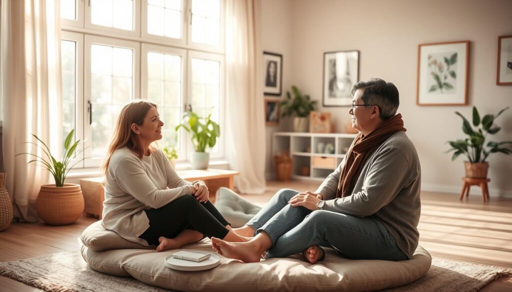 A serene and inviting room filled with soft, natural light filtering through large windows, creating a warm and comforting atmosphere. In the foreground, a group of three people, dressed in modest casual clothing, sit in a circle on comfortable cushions, their expressions reflecting trust and openness. They engage in a deep conversation, fostering a sense of emotional wellness and support. A gentle backdrop features potted plants and calming artwork. The lighting emphasizes a soft glow, enhancing the intimate, safe environment. The angle suggests a slight overhead view, capturing the close-knit circle, while the overall mood conveys healing, connection, and confidentiality. The imagery showcases trust building in a supportive space, ideal for discussing shared grief and resilience. A serene and inviting room filled with soft, natural light filtering through large windows, creating a warm and comforting atmosphere. In the foreground, a group of three people, dressed in modest casual clothing, sit in a circle on comfortable cushions, their expressions reflecting trust and openness. They engage in a deep conversation, fostering a sense of emotional wellness and support. A gentle backdrop features potted plants and calming artwork. The lighting emphasizes a soft glow, enhancing the intimate, safe environment. The angle suggests a slight overhead view, capturing the close-knit circle, while the overall mood conveys healing, connection, and confidentiality. The imagery showcases trust building in a supportive space, ideal for discussing shared grief and resilience.