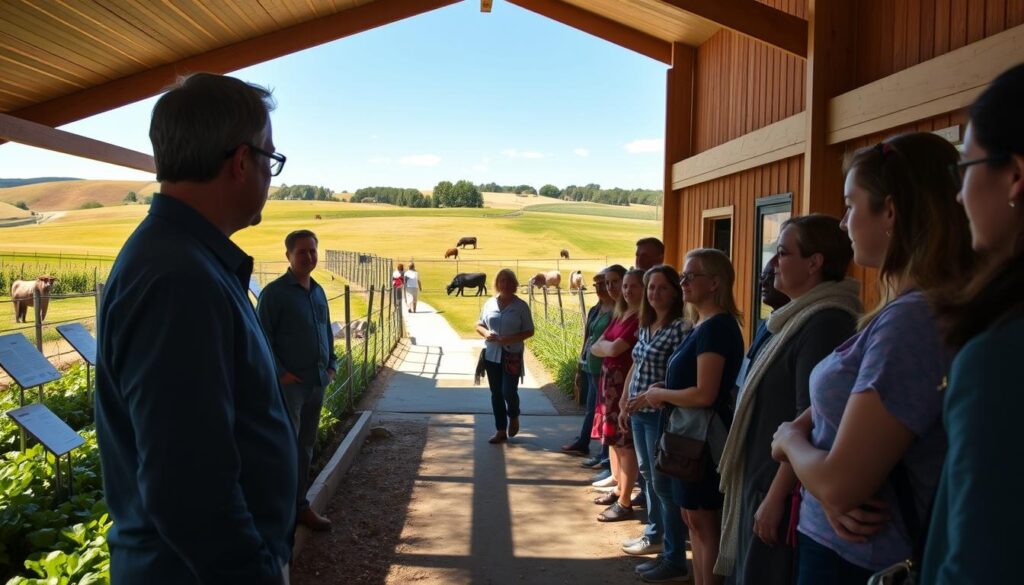 A serene and organized scene inside a well-kept educational farm facility, illustrating group size management during tours. In the foreground, a professional tour guide in smart casual clothing is engaging a small group of diverse visitors, actively discussing farm practices while pointing at a vibrant vegetable patch. The middle ground features a neat, sunlit pathway lined with informative displays about farm operations. In the background, a beautiful landscape with rolling hills and livestock grazing under a clear blue sky enhances the educational atmosphere. Soft, natural lighting casts gentle shadows, creating a welcoming environment. The image captures a sense of learning and community, emphasizing the importance of managing group sizes for effective educational experiences. A serene and organized scene inside a well-kept educational farm facility, illustrating group size management during tours. In the foreground, a professional tour guide in smart casual clothing is engaging a small group of diverse visitors, actively discussing farm practices while pointing at a vibrant vegetable patch. The middle ground features a neat, sunlit pathway lined with informative displays about farm operations. In the background, a beautiful landscape with rolling hills and livestock grazing under a clear blue sky enhances the educational atmosphere. Soft, natural lighting casts gentle shadows, creating a welcoming environment. The image captures a sense of learning and community, emphasizing the importance of managing group sizes for effective educational experiences.