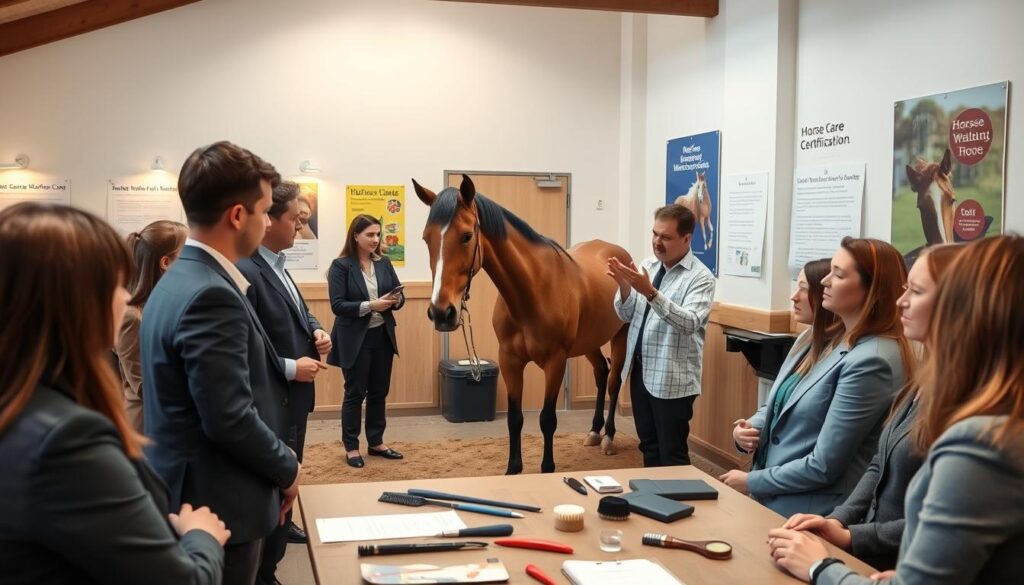 A serene indoor workshop setting focused on horse care certification. In the foreground, a diverse group of adults, dressed in professional business attire, attentively engages with an instructor demonstrating proper horse grooming techniques. The middle ground features a well-groomed horse standing patiently, with various grooming tools like brushes and combs neatly arranged nearby. The background showcases posters on the walls about horse welfare and care practices, alongside warm, welcoming lighting that creates an inviting atmosphere. The scene is captured from a slightly elevated angle, providing a clear view of both the participants and the horse, emphasizing the hands-on learning experience in horse welfare advocacy. A serene indoor workshop setting focused on horse care certification. In the foreground, a diverse group of adults, dressed in professional business attire, attentively engages with an instructor demonstrating proper horse grooming techniques. The middle ground features a well-groomed horse standing patiently, with various grooming tools like brushes and combs neatly arranged nearby. The background showcases posters on the walls about horse welfare and care practices, alongside warm, welcoming lighting that creates an inviting atmosphere. The scene is captured from a slightly elevated angle, providing a clear view of both the participants and the horse, emphasizing the hands-on learning experience in horse welfare advocacy.