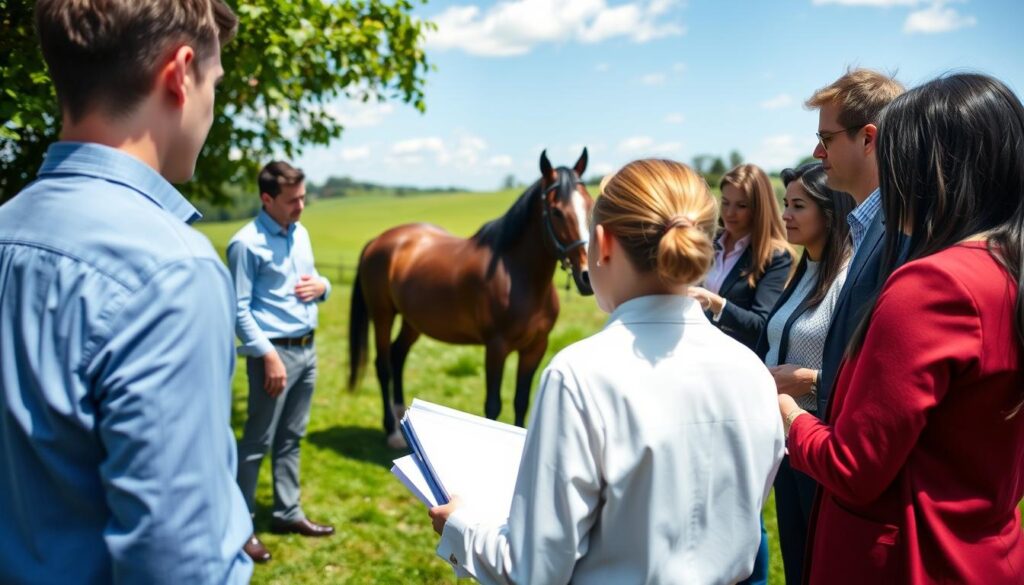 A serene outdoor workshop scene showcasing advanced horse advocacy skill building. In the foreground, a diverse group of five professionals, dressed in modest business attire, are engaged in a hands-on training session, discussing techniques and strategies for horse welfare. The middle ground features a well-groomed horse, calmly standing as participants demonstrate proper handling techniques. Lush green pastures and a clear blue sky create an inviting background, with soft sunlight illuminating the scene, casting gentle shadows. The atmosphere is focused yet collaborative, encouraging learning and camaraderie among the participants. Capture this with a slightly elevated angle, emphasizing both the intricacies of the training and the beauty of the surrounding environment. A serene outdoor workshop scene showcasing advanced horse advocacy skill building. In the foreground, a diverse group of five professionals, dressed in modest business attire, are engaged in a hands-on training session, discussing techniques and strategies for horse welfare. The middle ground features a well-groomed horse, calmly standing as participants demonstrate proper handling techniques. Lush green pastures and a clear blue sky create an inviting background, with soft sunlight illuminating the scene, casting gentle shadows. The atmosphere is focused yet collaborative, encouraging learning and camaraderie among the participants. Capture this with a slightly elevated angle, emphasizing both the intricacies of the training and the beauty of the surrounding environment.