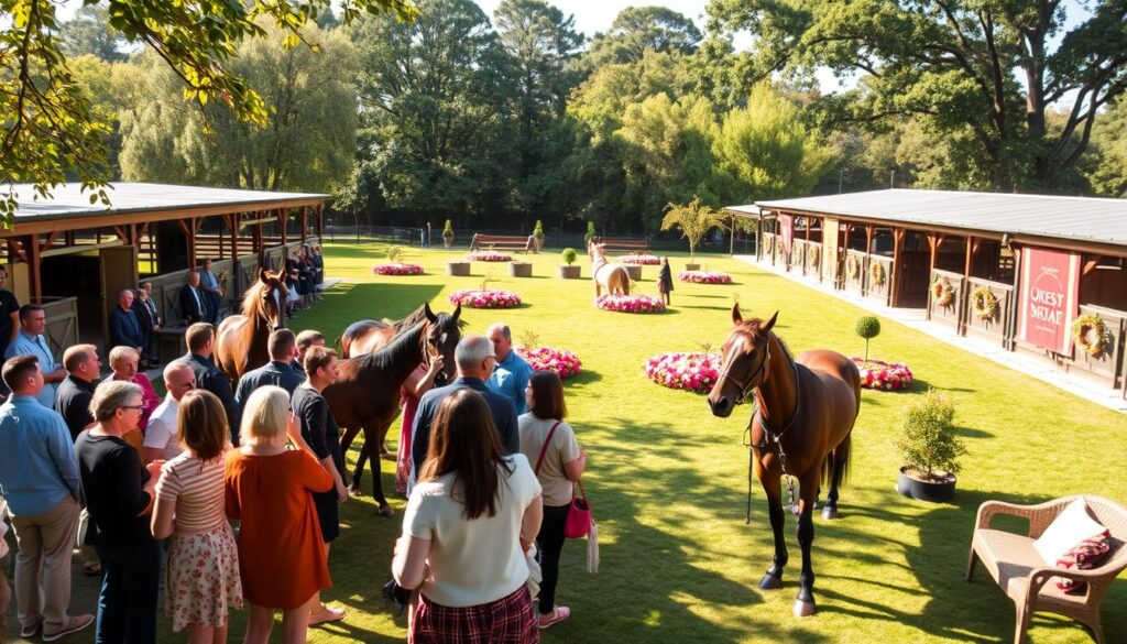 A sunny outdoor setting for a horse placement meet and greet, showcasing a well-organized event space. In the foreground, a diverse group of people dressed in smart casual attire interact with friendly, well-groomed horses, forming connections. The middle ground features beautifully decorated zones with colorful banners and comfortable seating areas, surrounded by lush green grass and vibrant flower arrangements. The background showcases stables and trees, creating a serene natural ambiance. Soft, warm daylight filters through the trees, casting gentle shadows, while the camera captures a wide-angle view for an inviting atmosphere. The mood is joyful and hopeful, reflecting the excitement of potential adoptions and new beginnings.