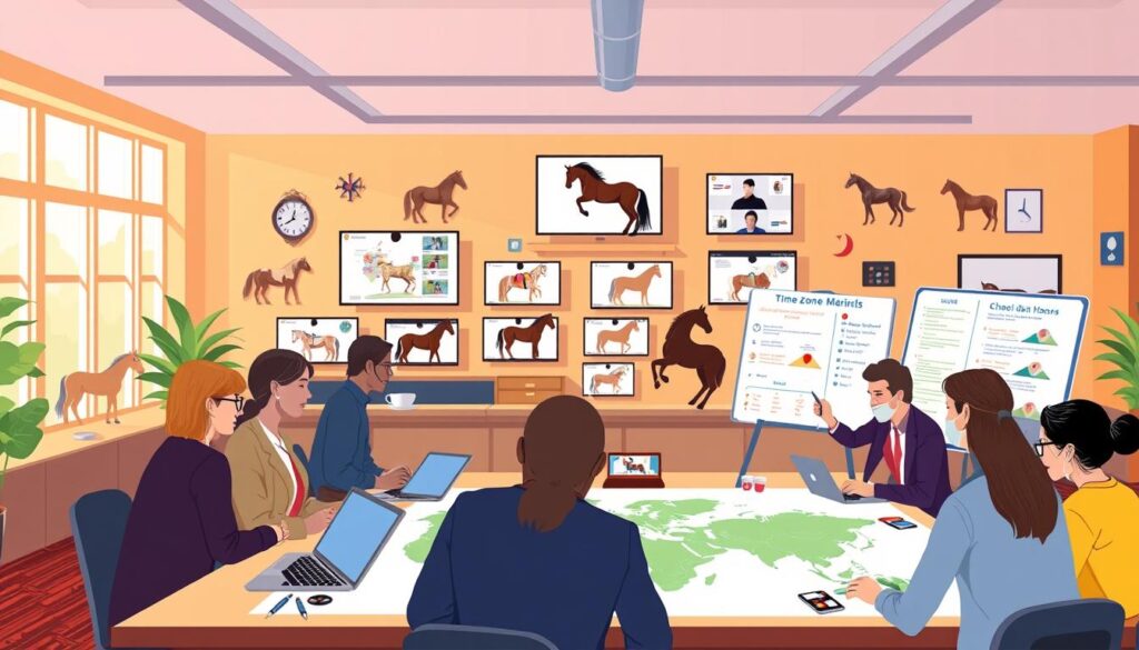A vibrant digital illustration depicting an online horse community engaged in time zone management for virtual events. In the foreground, a diverse group of individuals in professional business attire are gathered around a large table with laptops, maps, and time zone clocks. They appear focused and collaborative, using a whiteboard to strategize schedules across different regions. The middle layer shows a backdrop of horse-themed decorations and digital screens displaying various webinars and virtual coffee chat interfaces. In the background, a warm, welcoming office space with large windows ensures natural light fills the room, creating an inviting atmosphere. The scene conveys a sense of camaraderie and unity as these horse advocates bridge distances, emphasizing the global nature of their mission.
