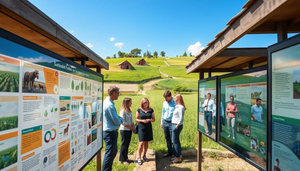 A vibrant educational signage station set in a picturesque farm environment. In the foreground, transparent information panels display colorful infographics about sustainable farming practices, illustrated with images of crops and wildlife. The middle features a modest group of adults in professional attire, engaging with the signage as they absorb the information, reflecting curiosity and interest. In the background, lush green fields stretch under a bright blue sky, dotted with farm buildings and trees. Soft, natural lighting casts gentle shadows, creating an inviting atmosphere. The scene is captured with a slightly angled lens, emphasizing depth and drawing the viewer into this educational experience, highlighting the significance of learning in an outdoor setting. A vibrant educational signage station set in a picturesque farm environment. In the foreground, transparent information panels display colorful infographics about sustainable farming practices, illustrated with images of crops and wildlife. The middle features a modest group of adults in professional attire, engaging with the signage as they absorb the information, reflecting curiosity and interest. In the background, lush green fields stretch under a bright blue sky, dotted with farm buildings and trees. Soft, natural lighting casts gentle shadows, creating an inviting atmosphere. The scene is captured with a slightly angled lens, emphasizing depth and drawing the viewer into this educational experience, highlighting the significance of learning in an outdoor setting.