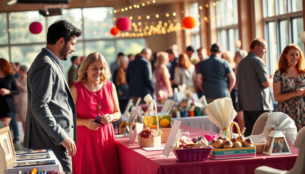 A vibrant scene depicting a community support event focused on a silent auction. In the foreground, two diverse individuals, one in professional business attire and the other in modest casual clothing, engage in friendly conversation while examining auction items on elegantly arranged tables. The middle ground features beautifully displayed auction items, such as artwork, gift baskets, and local artisan crafts, attracting the attention of attendees. The background shows a mix of smiling community members mingling, with colorful decorations and soft fairy lights creating a warm, welcoming atmosphere. The lighting is soft and inviting, emulating late afternoon sunlight filtering through large windows, enhancing the sense of camaraderie and community spirit. The image conveys a mood of connection, generosity, and enthusiasm for community-driven initiatives. A vibrant scene depicting a community support event focused on a silent auction. In the foreground, two diverse individuals, one in professional business attire and the other in modest casual clothing, engage in friendly conversation while examining auction items on elegantly arranged tables. The middle ground features beautifully displayed auction items, such as artwork, gift baskets, and local artisan crafts, attracting the attention of attendees. The background shows a mix of smiling community members mingling, with colorful decorations and soft fairy lights creating a warm, welcoming atmosphere. The lighting is soft and inviting, emulating late afternoon sunlight filtering through large windows, enhancing the sense of camaraderie and community spirit. The image conveys a mood of connection, generosity, and enthusiasm for community-driven initiatives.