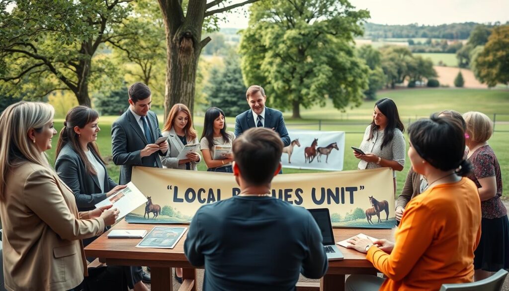A vibrant scene depicting a regional rescue network partnership focused on horse welfare. In the foreground, a group of diverse individuals in professional business attire and modest casual clothing enthusiastically engage in discussion, holding pamphlets and a laptop. The middle ground highlights a wooden table adorned with horse rescue brochures, a banner reading "Local Rescues Unite," and a variety of horse imagery. The background features a verdant park setting with lush trees and open fields, symbolizing the community spirit. Soft, warm lighting enhances the friendly atmosphere, captured from a slightly elevated angle to provide a comprehensive view of the meeting. The mood is collaborative and hopeful, showcasing the commitment to enhancing local horse welfare through partnerships. A vibrant scene depicting a regional rescue network partnership focused on horse welfare. In the foreground, a group of diverse individuals in professional business attire and modest casual clothing enthusiastically engage in discussion, holding pamphlets and a laptop. The middle ground highlights a wooden table adorned with horse rescue brochures, a banner reading "Local Rescues Unite," and a variety of horse imagery. The background features a verdant park setting with lush trees and open fields, symbolizing the community spirit. Soft, warm lighting enhances the friendly atmosphere, captured from a slightly elevated angle to provide a comprehensive view of the meeting. The mood is collaborative and hopeful, showcasing the commitment to enhancing local horse welfare through partnerships.